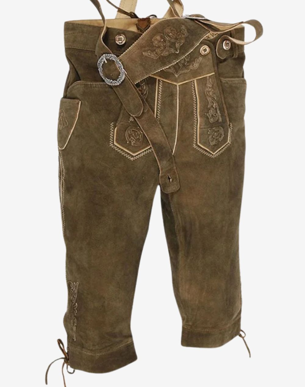 men’s premium Bavarian bundhosen featuring traditional leather finish, embroidered flap and classic alpine design