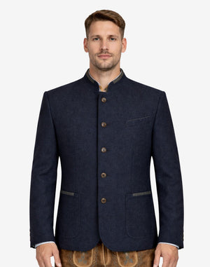 Model wearing premium blue Oktoberfest jacket front view featuring stand collar, classic buttons and traditional Bavarian style.