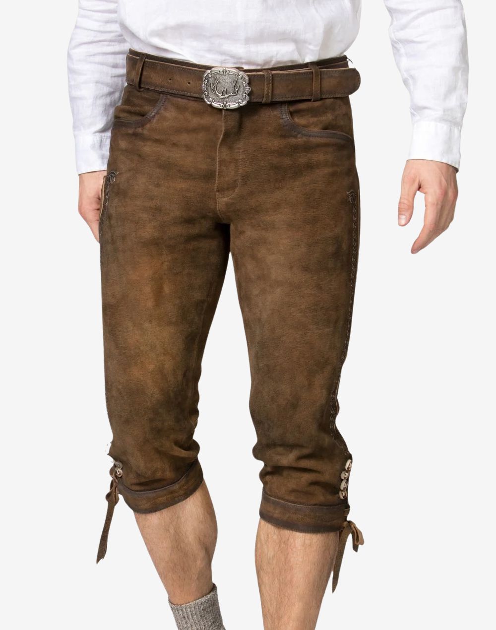 Model wearing premium leather bundhosen highlighting natural leather texture, belt buckle and classic alpine fit