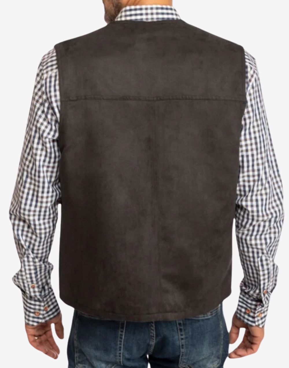 Back view of rustic brown leather Trachten vest for men showcasing smooth rear panel, durable leather construction, clean stitching and classic traditional Bavarian Oktoberfest outfit design.