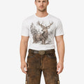 Model wearing rustic Oktoberfest lederhosen for men in brown leather with traditional Bavarian style and belt buckle