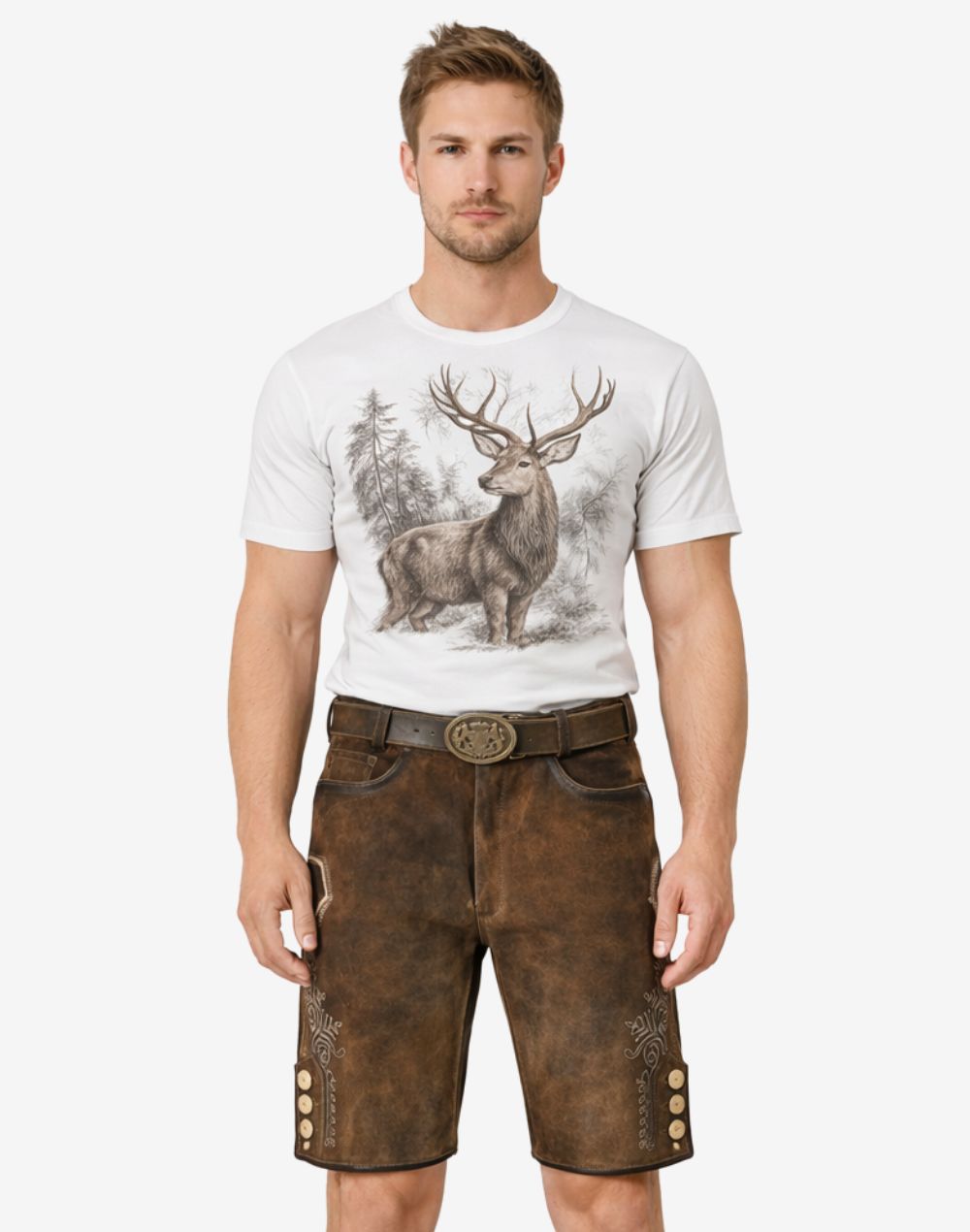 Model wearing rustic Oktoberfest lederhosen for men in brown leather with traditional Bavarian style and belt buckle