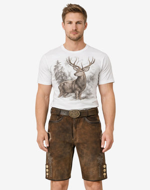 Model wearing rustic Oktoberfest lederhosen for men in brown leather with traditional Bavarian style and belt buckle