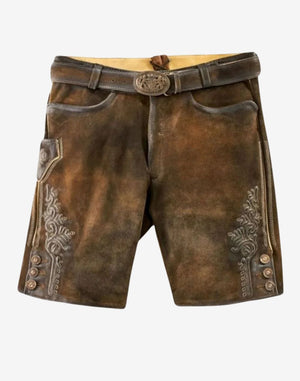 Mens Rustic Oktoberfest Lederhosen, brown suede shorts with belt, side embroidery, buttoned leg cuffs, knife pocket
