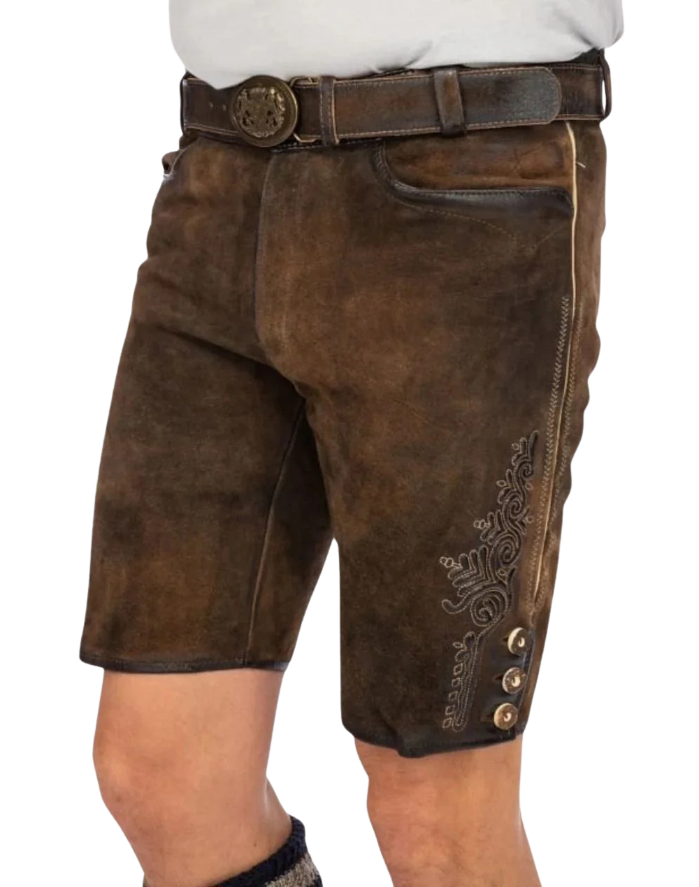 Oktoberfest Rustic Lederhosen mens, side view with ornate embroidery panel, metal buttons at hem, and pocket detail