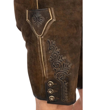 Close up of side knife pocket, stitched embroidery motif, and stacked metal buttons on Mens Rustic Oktoberfest Lederhosen