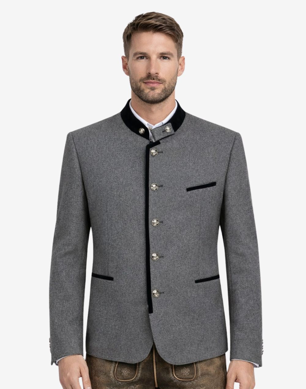 Model wearing rustic wool Trachten jacket front view highlighting traditional Bavarian buttons, black trim and classic Oktoberfest style.