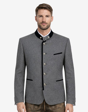 Model wearing rustic wool Trachten jacket front view highlighting traditional Bavarian buttons, black trim and classic Oktoberfest style.