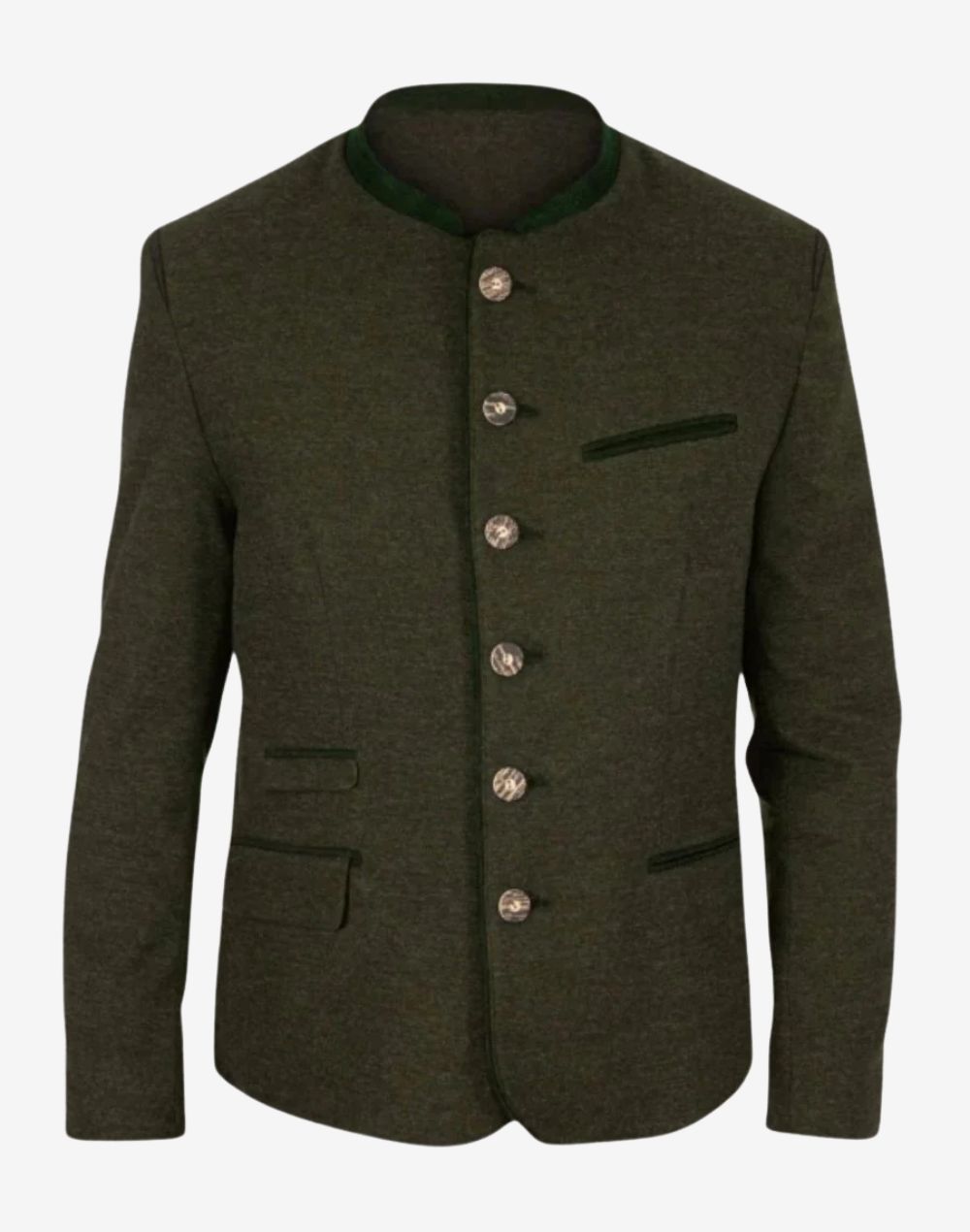 Front view of mens stylish green wool Trachten jacket featuring stand collar, alpine buttons and classic Bavarian tailoring.