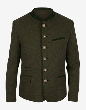 Front view of mens stylish green wool Trachten jacket featuring stand collar, alpine buttons and classic Bavarian tailoring.