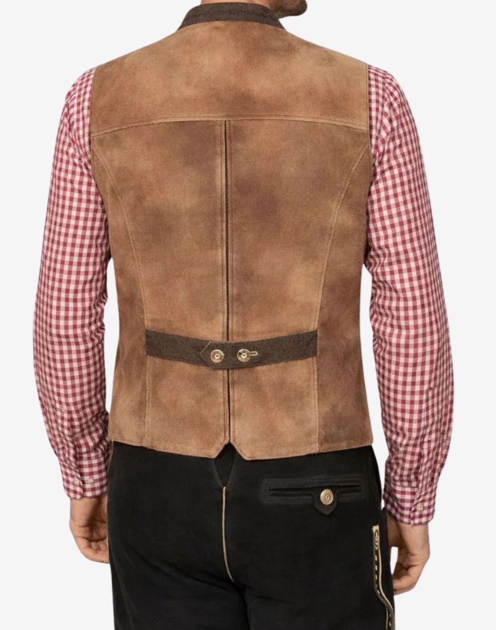 Back view of tan suede mens Trachten vest with adjustable strap and tailored fit for traditional Oktoberfest outfit.