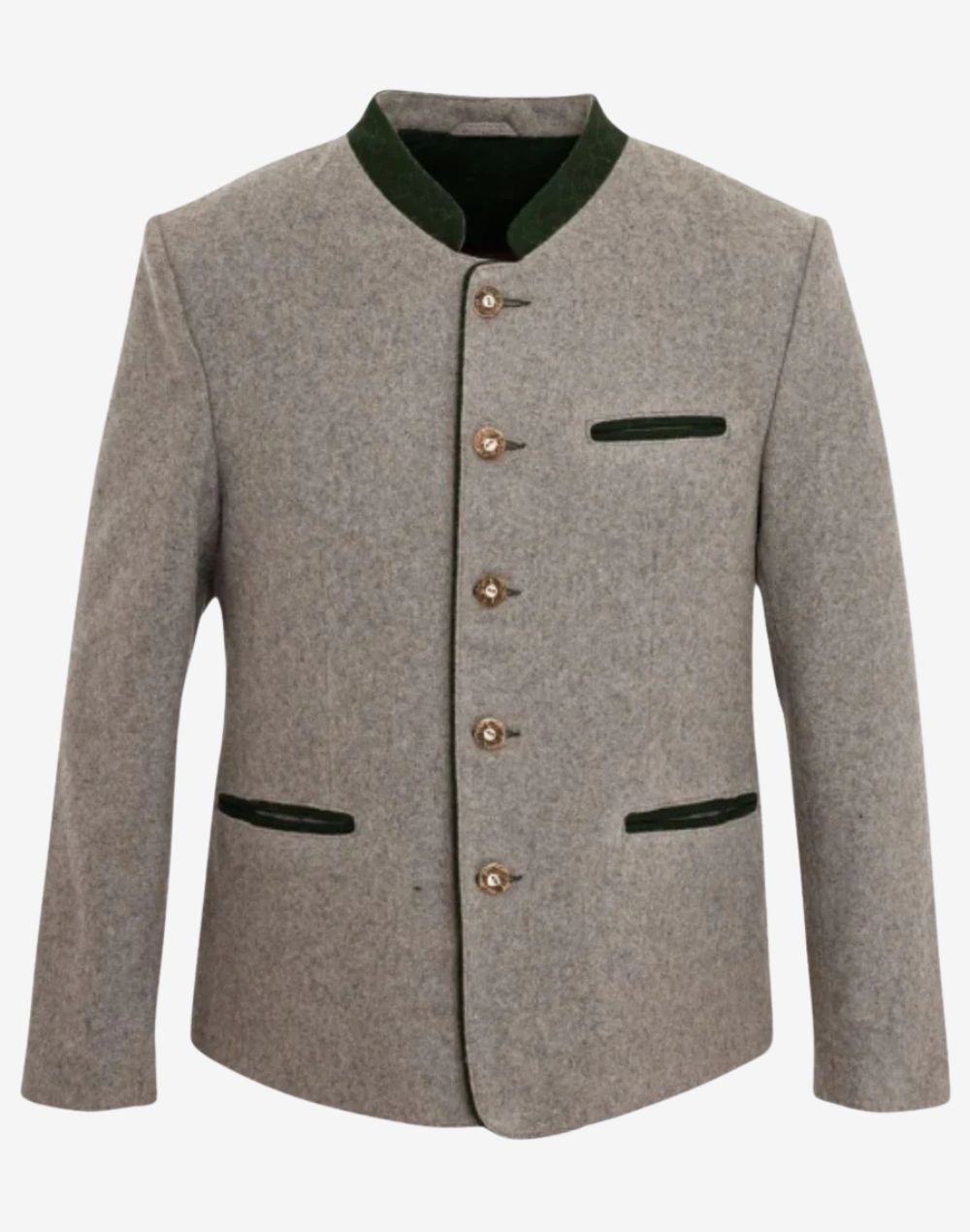 Front view of mens timeless Bavarian jacket featuring classic stand collar, alpine buttons and traditional Trachten tailoring.