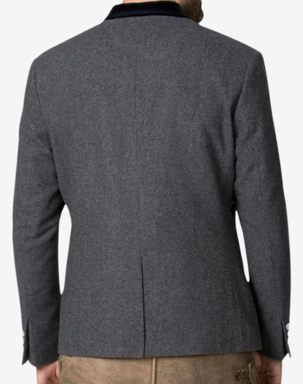 Back view of grey Trachten jacket for men showing tailored structure, clean seams and traditional Bavarian design.