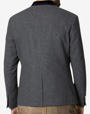 Back view of grey Trachten jacket for men showing tailored structure, clean seams and traditional Bavarian design.