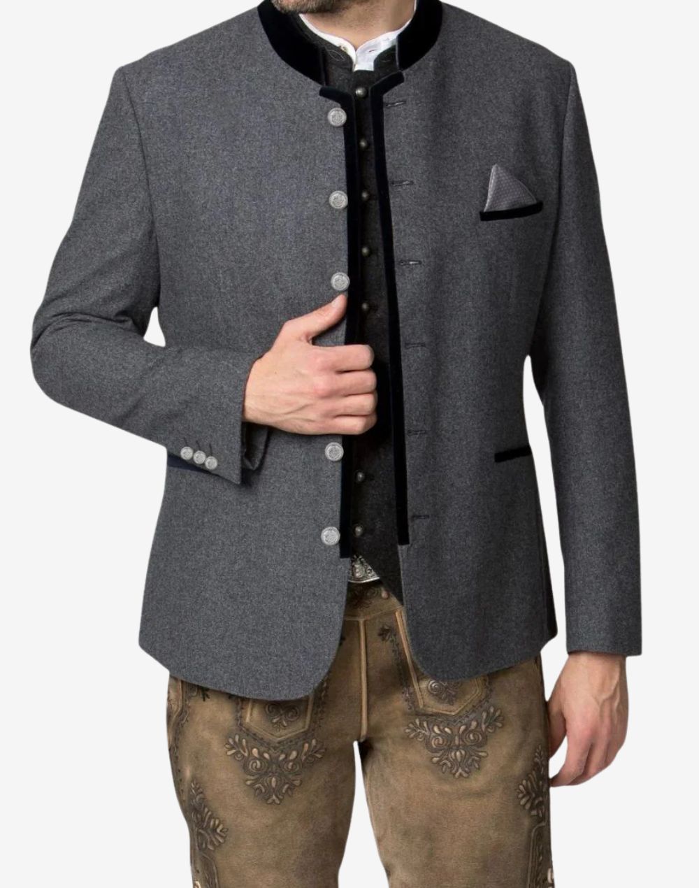 Model wearing grey Trachten jacket with traditional lederhosen showing festive Bavarian Oktoberfest outfit styling.