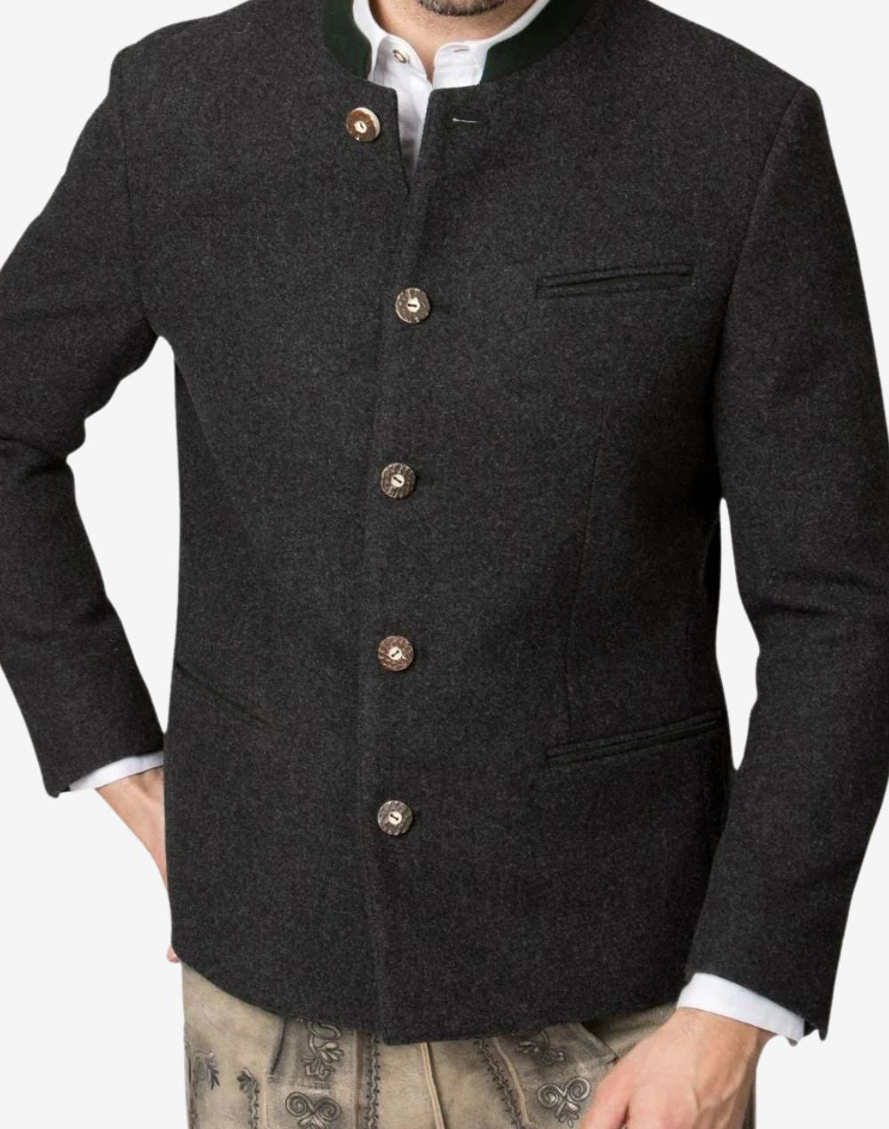 Angled view of model wearing wool Trachten jacket showing fitted waist, traditional buttons and Oktoberfest outfit styling.