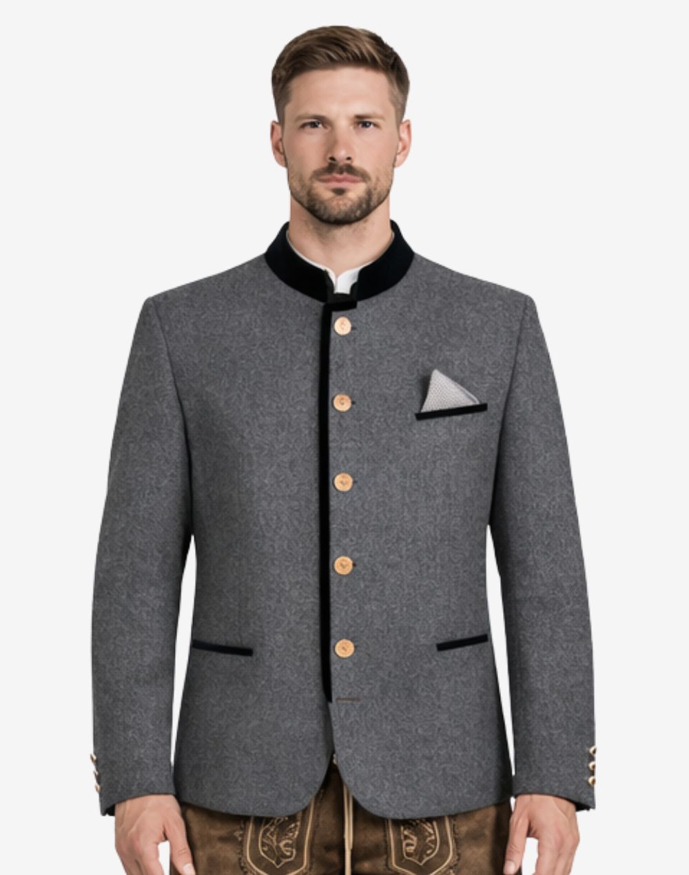 Model wearing grey Trachten jacket front view featuring stand collar, wooden buttons and classic Bavarian festival styling.