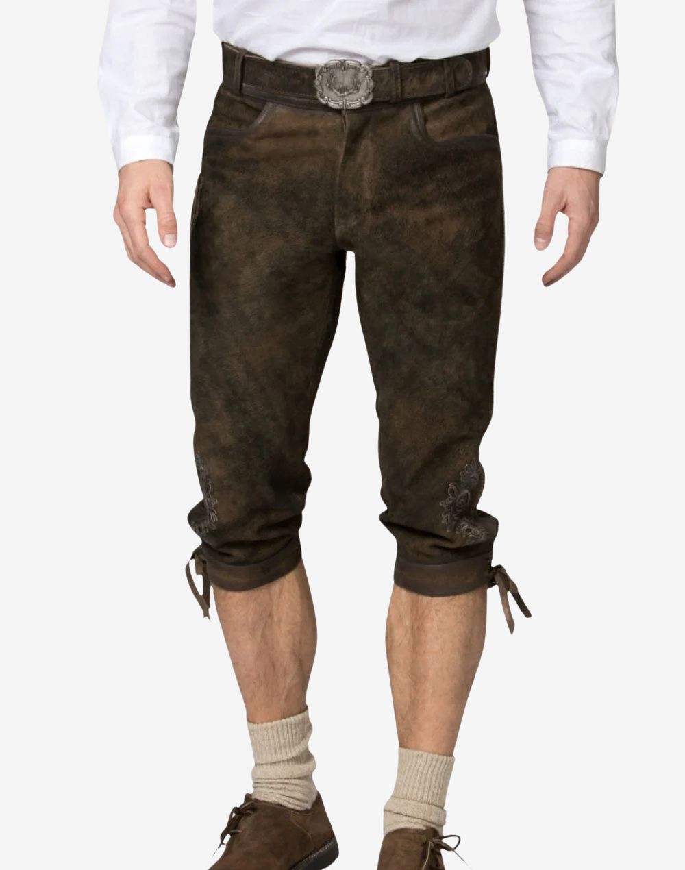 Model wearing traditional alpine bundhosen showing natural leather texture, fitted waist design and authentic German heritage styling