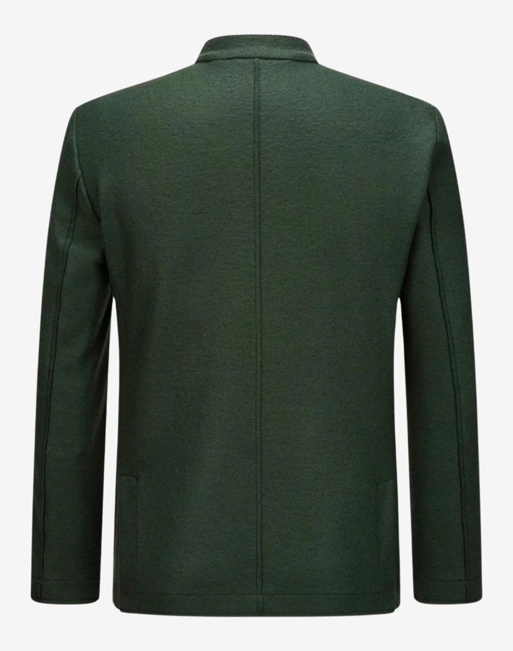 Rear view of mens traditional alpine jacket showing structured back panel, tailored fit and smooth green fabric in authentic Bavarian style