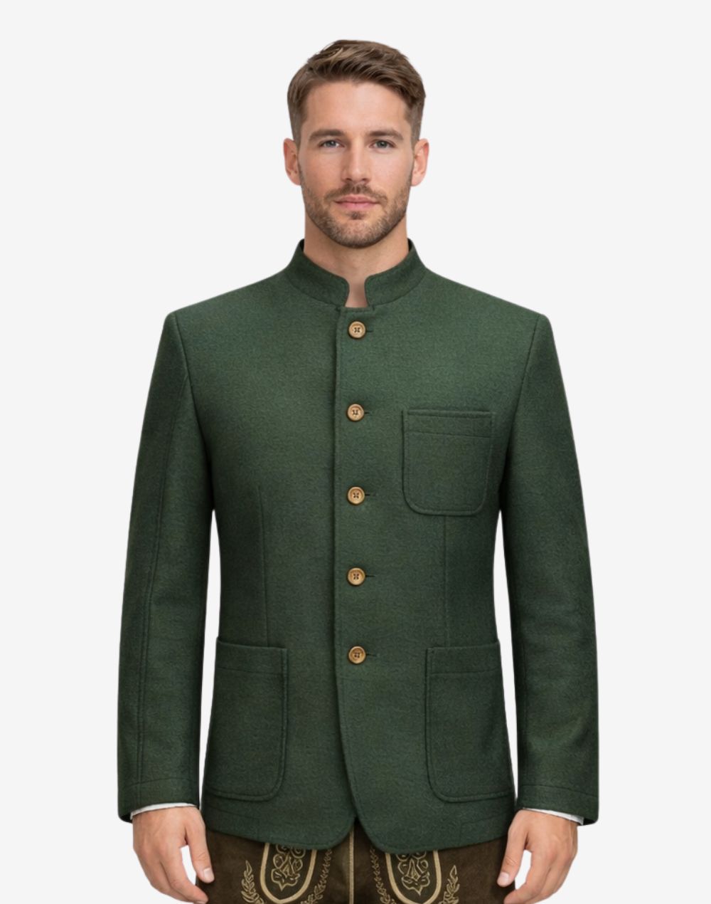 Front view of model wearing Mens Traditional Alpine Jacket in forest green with stand collar and wooden buttons