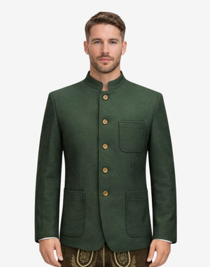Front view of model wearing Mens Traditional Alpine Jacket in forest green with stand collar and wooden buttons