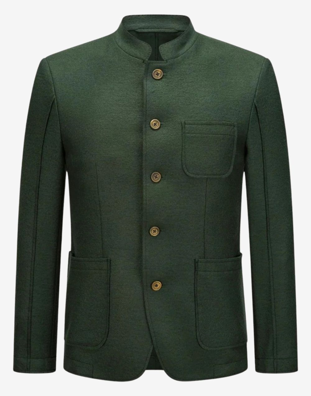 mens traditional alpine jacket featuring classic stand collar, button closure, green wool fabric and clean Bavarian design