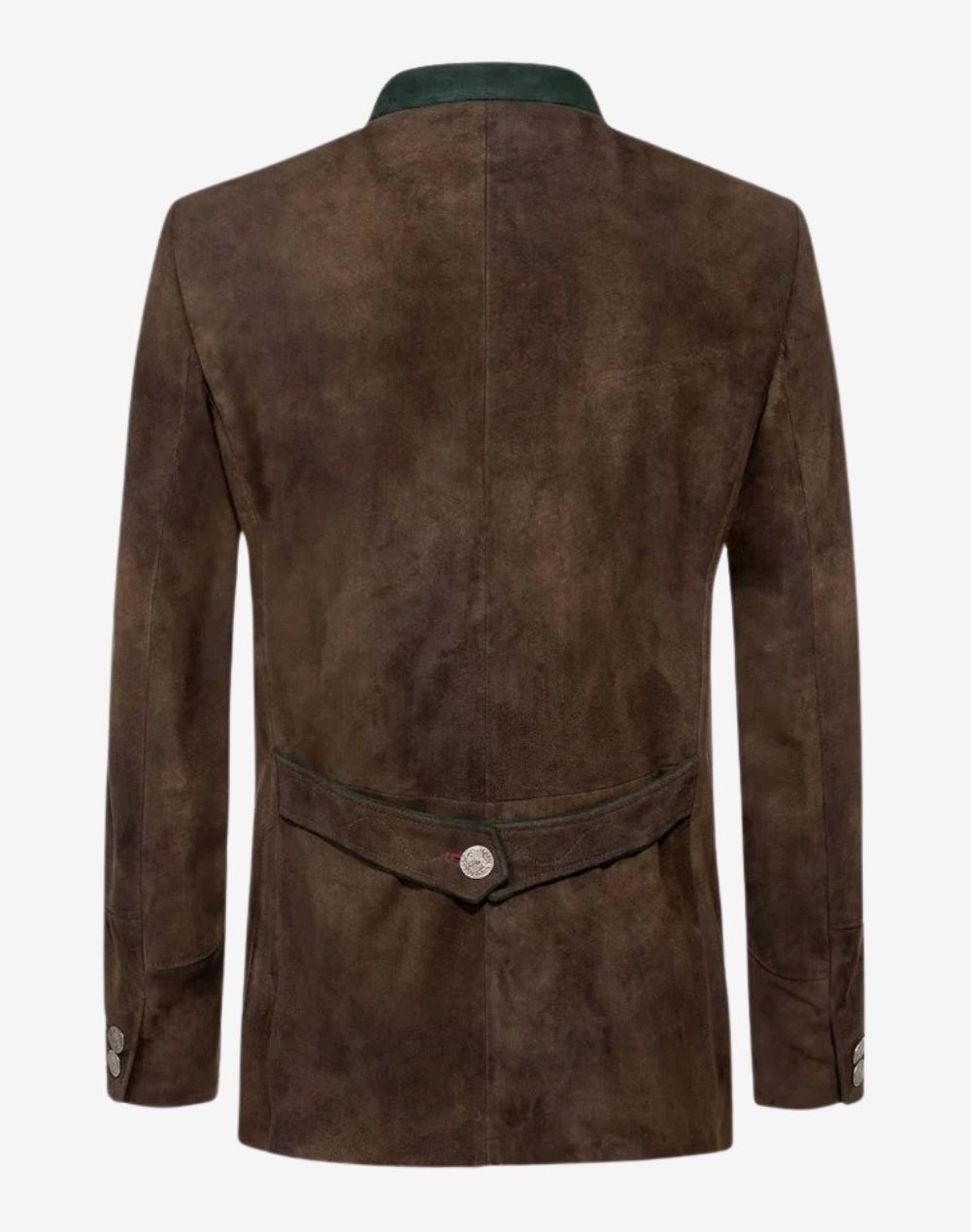 Back view of mens traditional alpine leather jacket showing tailored structure, clean rear panel and authentic alpine heritage styling