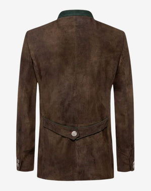 Back view of mens traditional alpine leather jacket showing tailored structure, clean rear panel and authentic alpine heritage styling