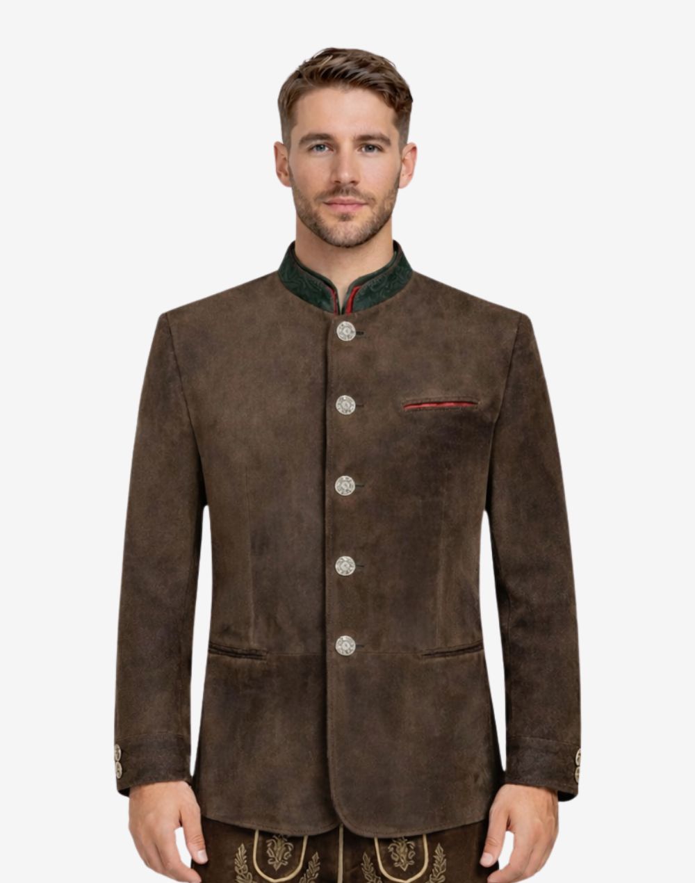 Front view of model wearing Mens Traditional Alpine Leather Jacket in vintage brown with green Bavarian collar and metal buttons