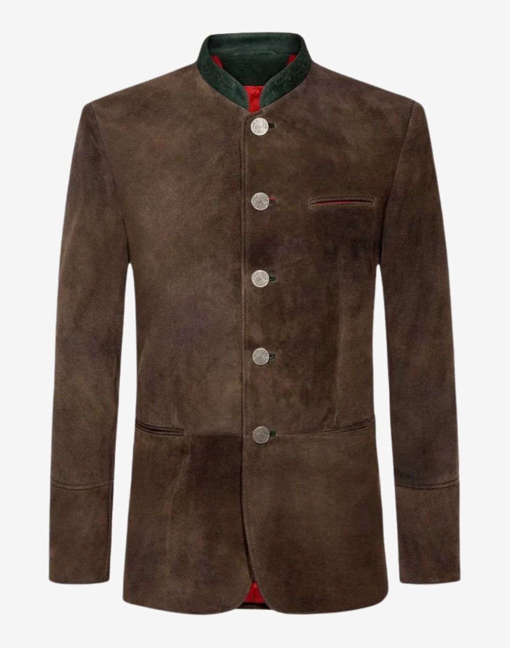 mens traditional alpine leather jacket featuring stand collar, button closure and classic Bavarian inspired design