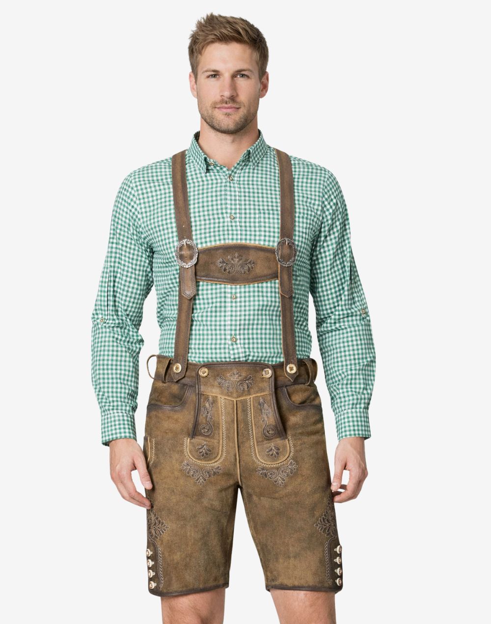 Model wearing traditional Alpine lederhosen for men with suspenders, brown leather Bavarian Oktoberfest outfit