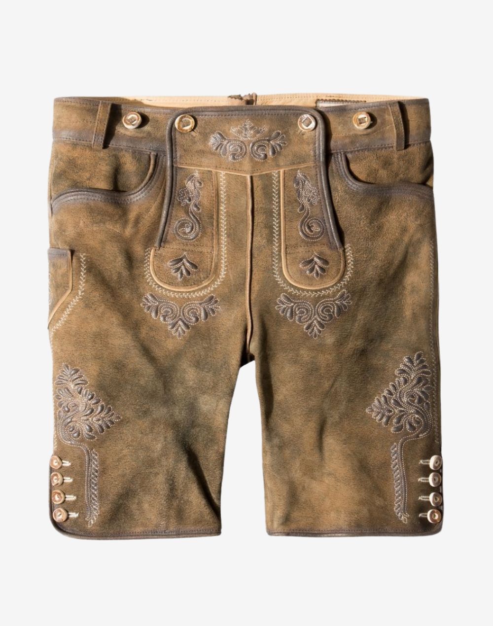 Mens Traditional Alpine Lederhosen, tan suede shorts with grey embroidery and side button cuffs