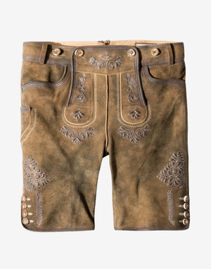 Mens Traditional Alpine Lederhosen, tan suede shorts with grey embroidery and side button cuffs