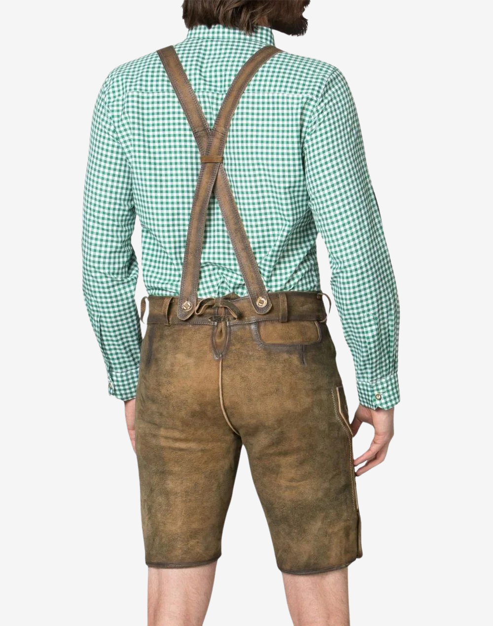 Back view with crossed suspenders and rear fit of tan suede Alpine lederhosen shorts
