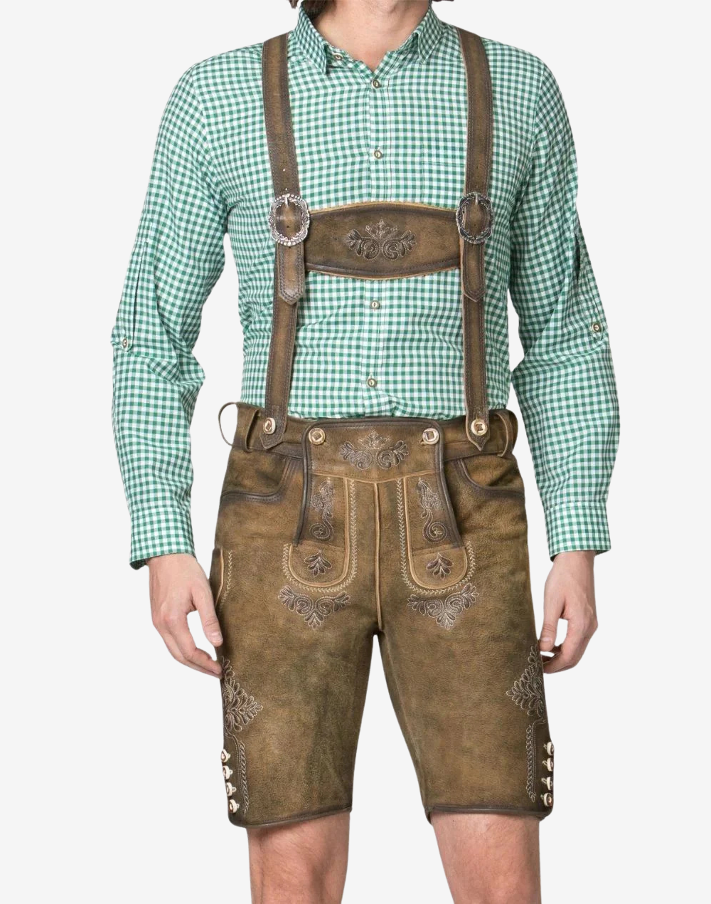 Traditional Alpine mens lederhosen with suspenders, front view on model with classic embroidery