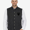 Front view of model wearing Mens Traditional Alpine Vest in grey tweed with stag crest patch and metal buttons
