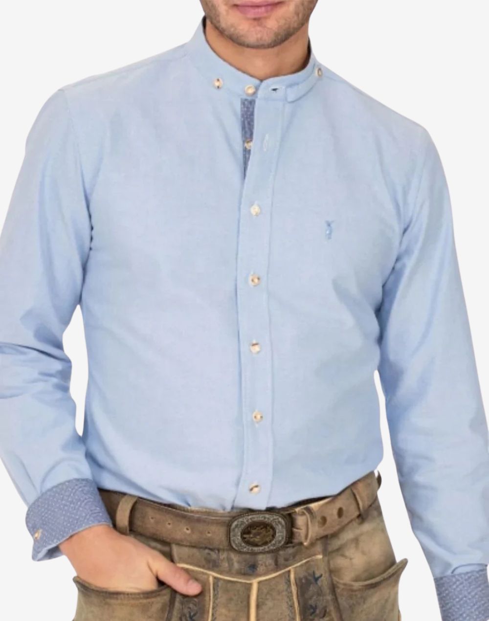 Model wearing traditional Bavarian shirt showing fitted silhouette, button placket detail and authentic Oktoberfest inspired styling