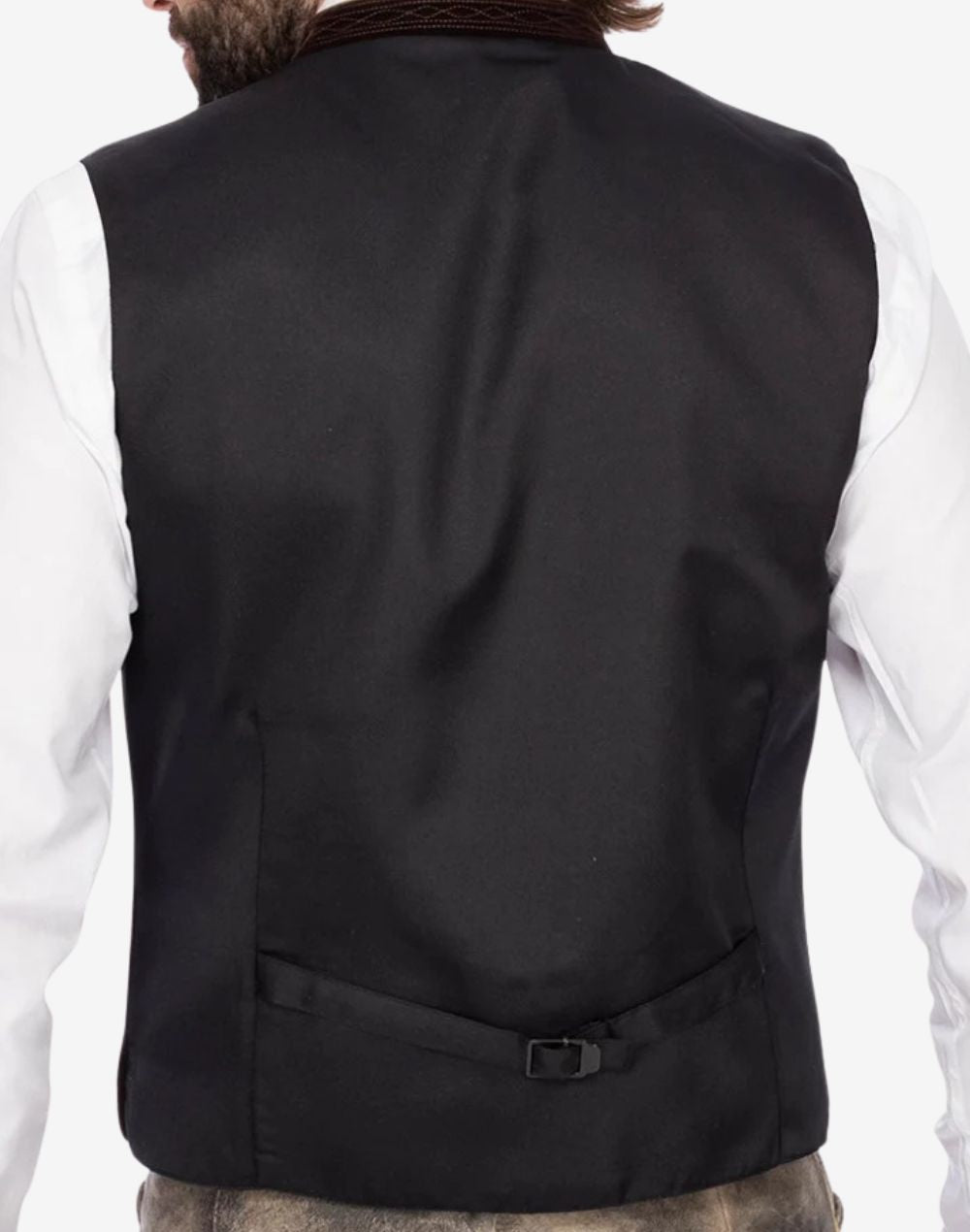 Back view of men’s traditional Bavarian vest featuring smooth lining, adjustable waist strap and classic Trachten tailoring designed for Oktoberfest outfits.