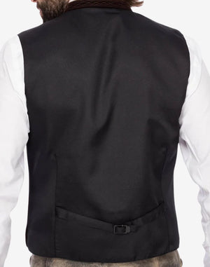Back view of men’s traditional Bavarian vest featuring smooth lining, adjustable waist strap and classic Trachten tailoring designed for Oktoberfest outfits.