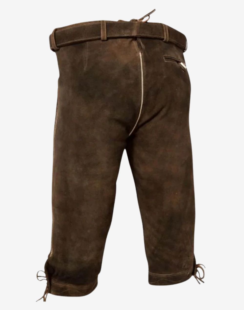 Rear view of men’s traditional festival bundhosen showing smooth leather finish, back pocket detail and authentic alpine design