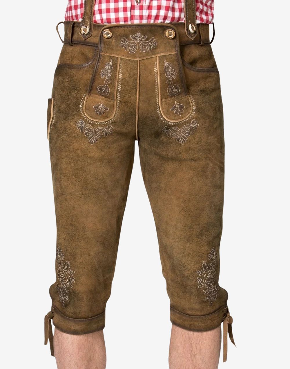 Front wearing view of German bundhosen with suspenders showing embroidered front panel and authentic Oktoberfest styling.
