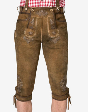 Front wearing view of German bundhosen with suspenders showing embroidered front panel and authentic Oktoberfest styling.