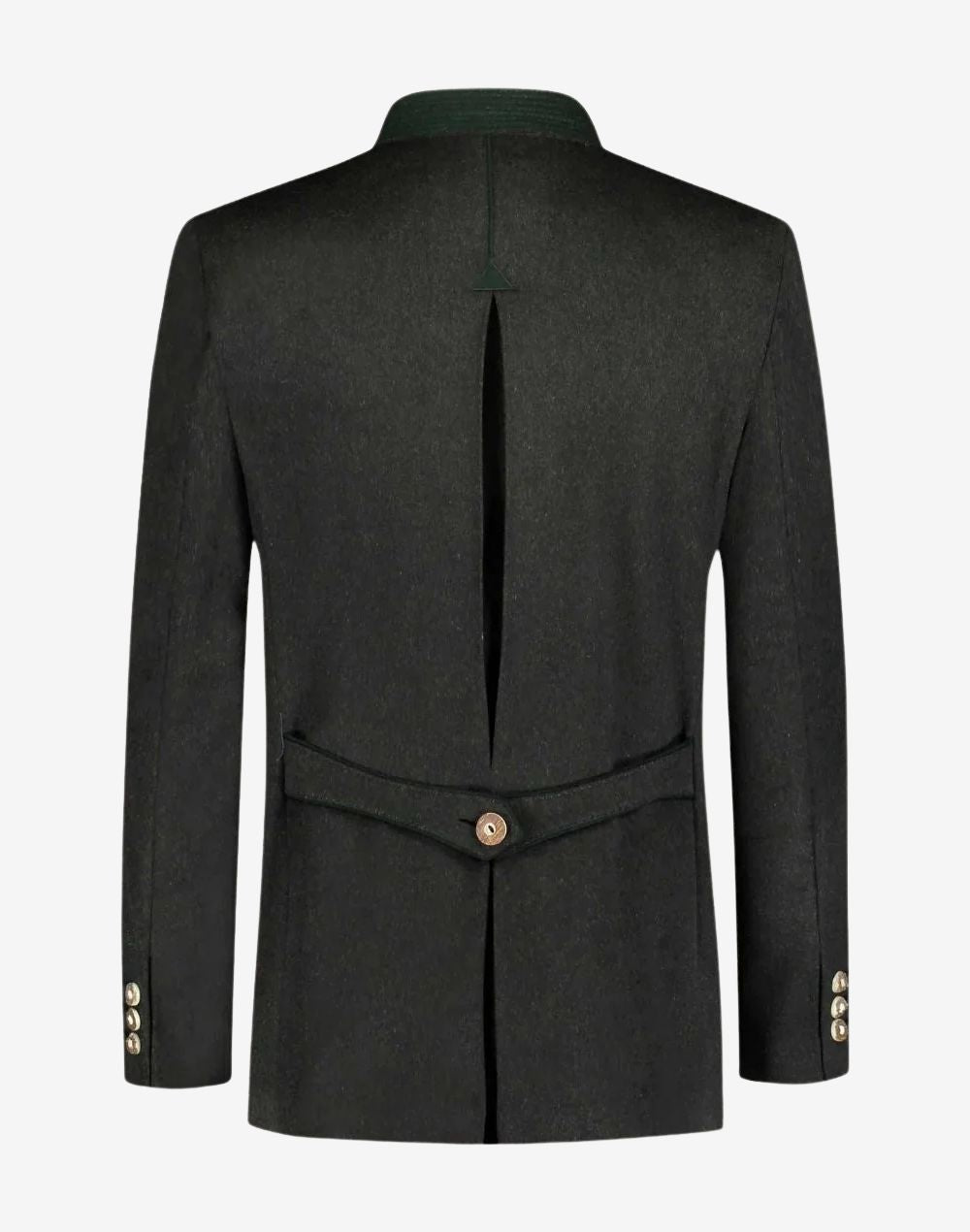 Back view of mens winter wool Trachten jacket showing adjustable back strap, structured seams and traditional alpine design.