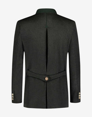 Back view of mens winter wool Trachten jacket showing adjustable back strap, structured seams and traditional alpine design.