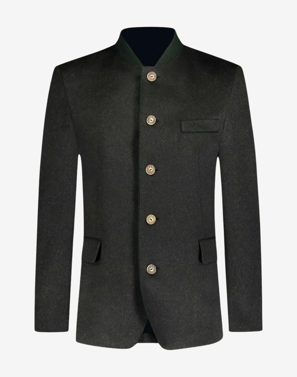 Front view of mens winter wool Trachten jacket in dark green featuring stand collar, traditional buttons and classic Bavarian tailoring.