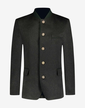 Front view of mens winter wool Trachten jacket in dark green featuring stand collar, traditional buttons and classic Bavarian tailoring.