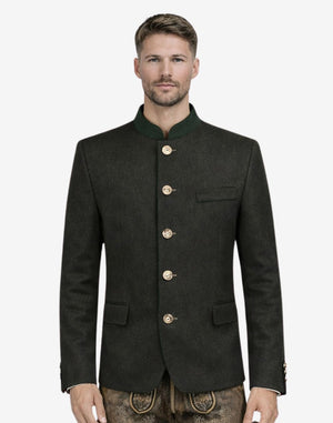 Model wearing winter wool Trachten jacket for men highlighting Bavarian heritage style, stand collar and traditional Oktoberfest outfit.