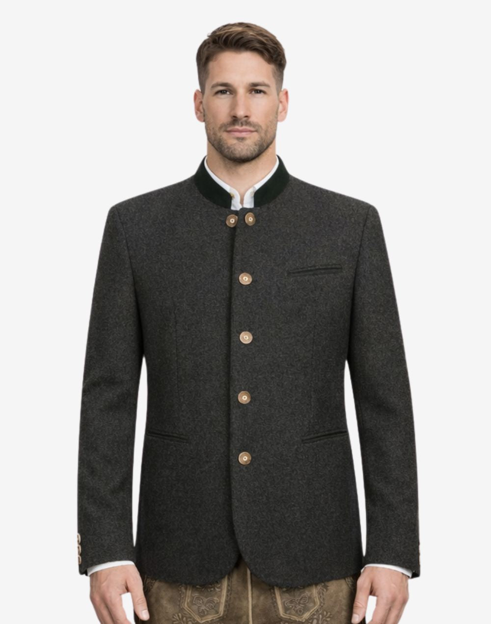 Model wearing classic wool Trachten jacket front view featuring green collar trim, horn buttons and traditional Bavarian fit.