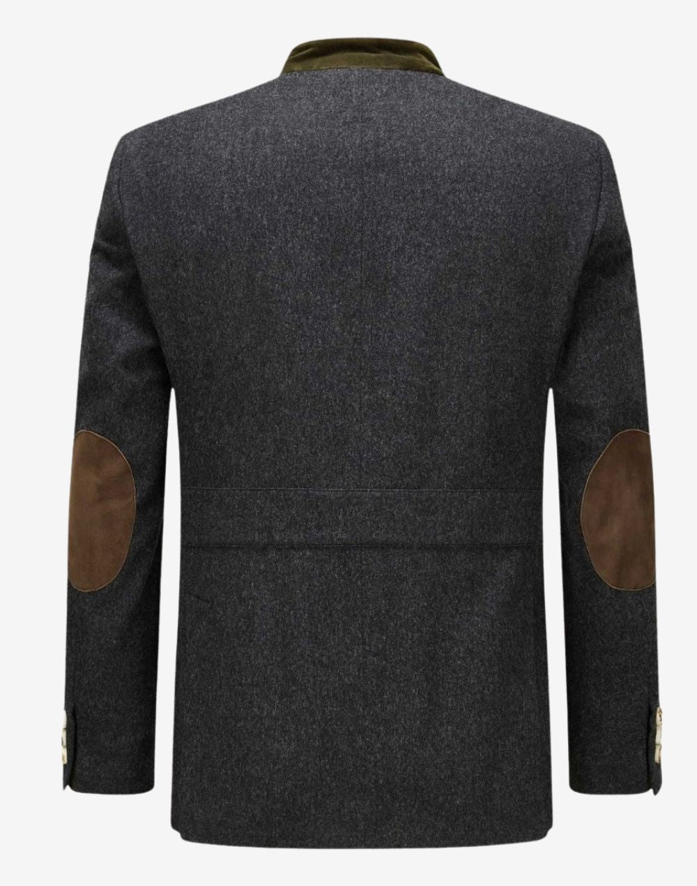 Back view of mens authentic German jacket showing tailored structure, elbow patches and traditional alpine inspired design details