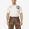 Front view of model wearing Munich Fest Men Lederhosen in brown leather with traditional Bavarian embroidery and belt buckle